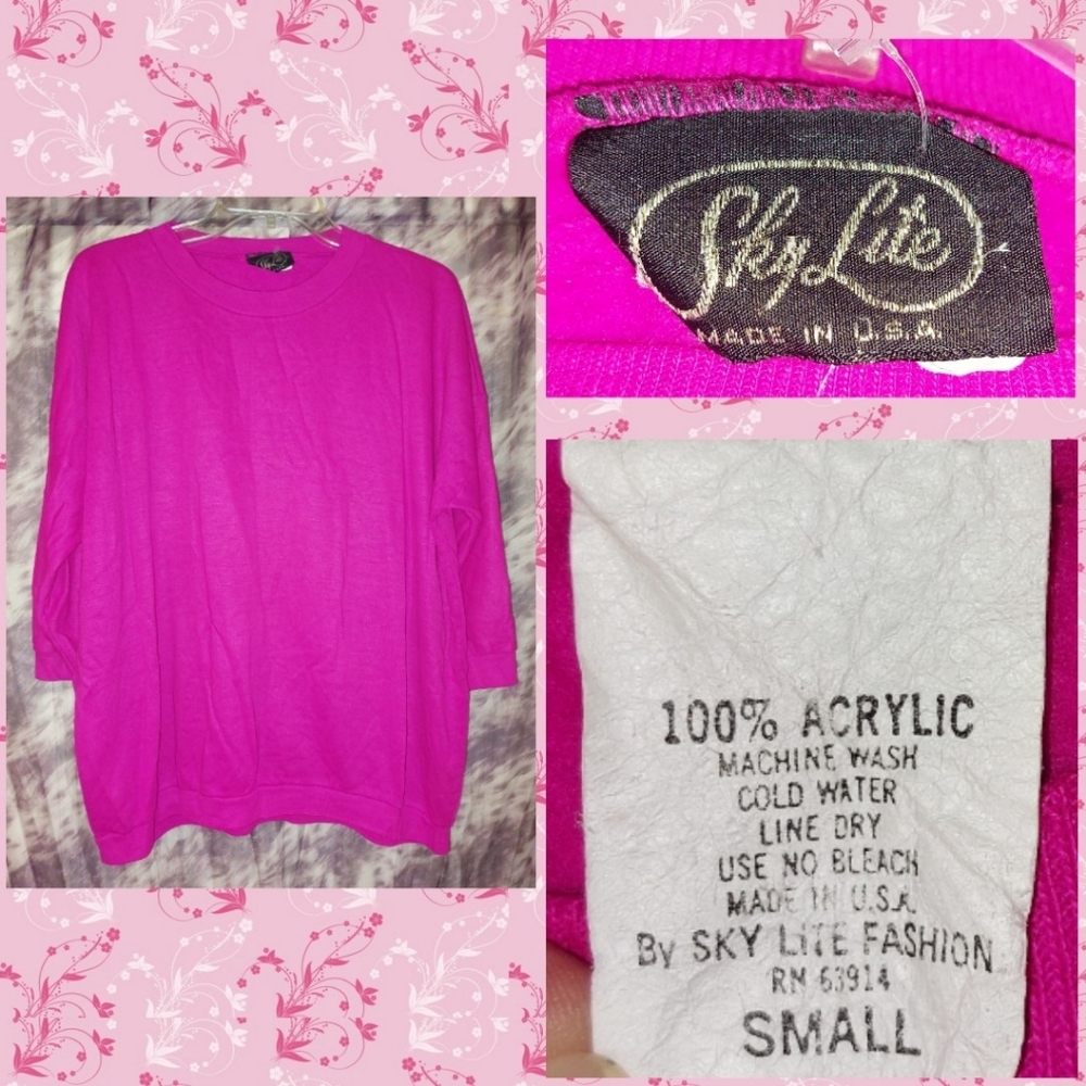 Sky Lite brand Magenta Pink Oversized Soft Knit Sweatshirt Sz Small 80s Vintage